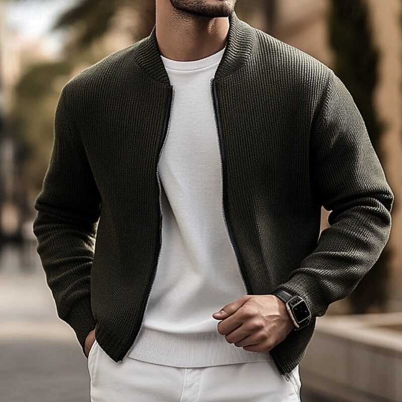 Men's Lightweight Jacket Sweater Coat Formal Home Warm Knitted Spring Fall Winter Solid Color Vintage Fashion Shirt Collar Short Black Khaki Grey Jacket