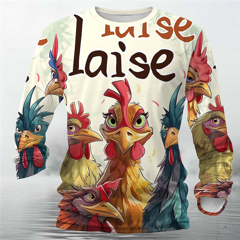 Men's Animal Rooster Funny T Shirt Henley Shirt Long Sleeve T shirt 3D Print Crew Neck Shirt Designer Retro Vintage Street Casual Daily Khaki Summer Spring Fall Clothing Apparel S M L XL XXL XXXL