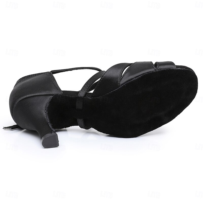 Women's Black Satin Cross-Strap Ballroom Dance Shoes with Rhinestone Buckle, Comfortable Heels for Latin and Salsa Dancing3