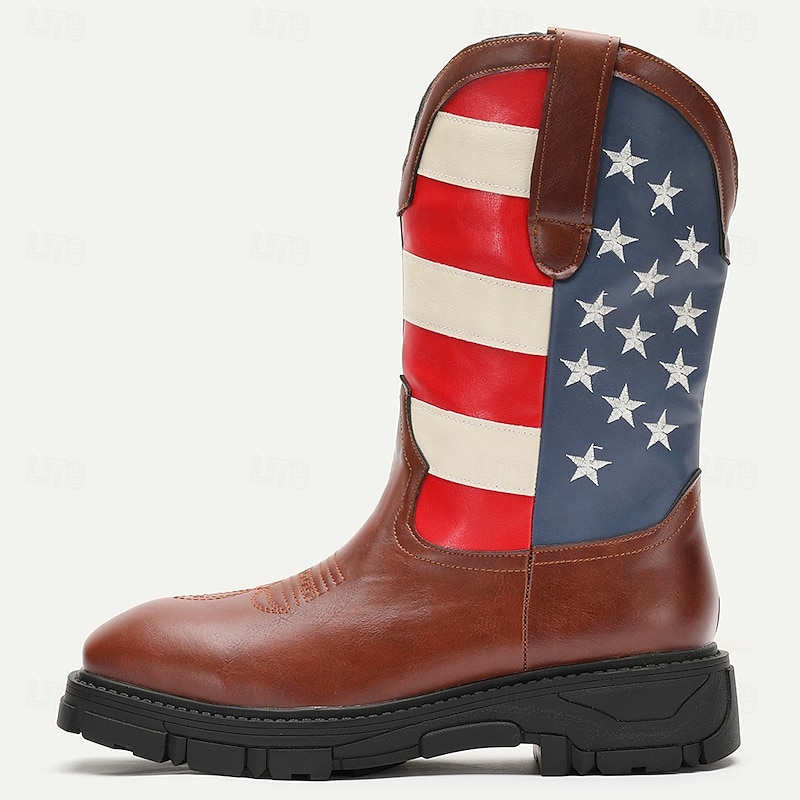 Men's American Flag Western Cowboy Boots with Rugged Sole - Patriotic Faux Leather Boots for Outdoor and Casual Wear3