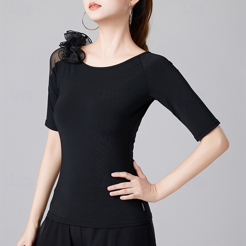 Latin Dance Top Pure Color Ruffle Splicing Women's Performance Training Short Sleeve High Polyester3