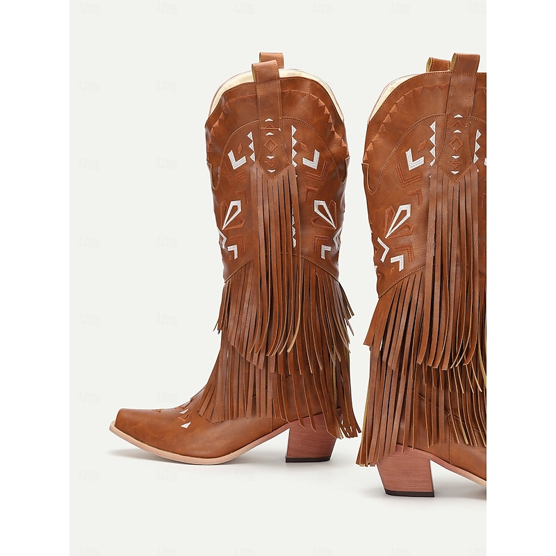 Women's Brown Fringe Western Cowboy Boots with Tribal Patterns - Fashionable Faux Leather Riding Boots for Casual Wear and Country-Themed Events4