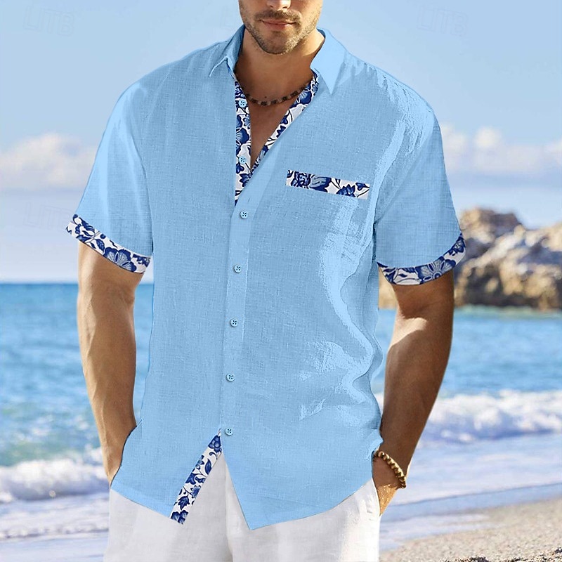 Men's Shirt Linen Shirt Summer Shirt Beach Wear Button Up Shirt Floral Vacation Curise White Pink Navy Blue Blue Short Sleeve Lapel Summer Clothing Apparel4
