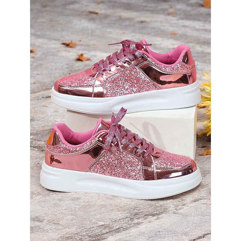 Women's Silver Glitter and Metallic Sneakers – Trendy Lace-Up Shoes for Parties and Casual Wear