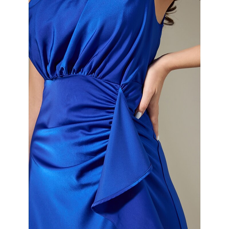 Satin Blue Sleeveless One Shoulder Ruffle Maxi Dress3