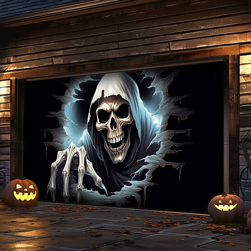 Halloween Door Decorations Outdoor Halloween Garage Door Cover Skeletons Banner Large Tapestry Backdrop Decoration for Holiday Outdoor Garage Door Home Wall Decorations 8