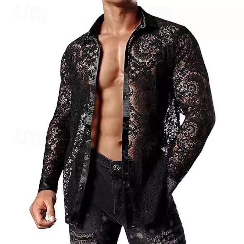 Men's Sheer Lace Button Down Shirt with Flower Design  Nightclub Party/Casual Wear3