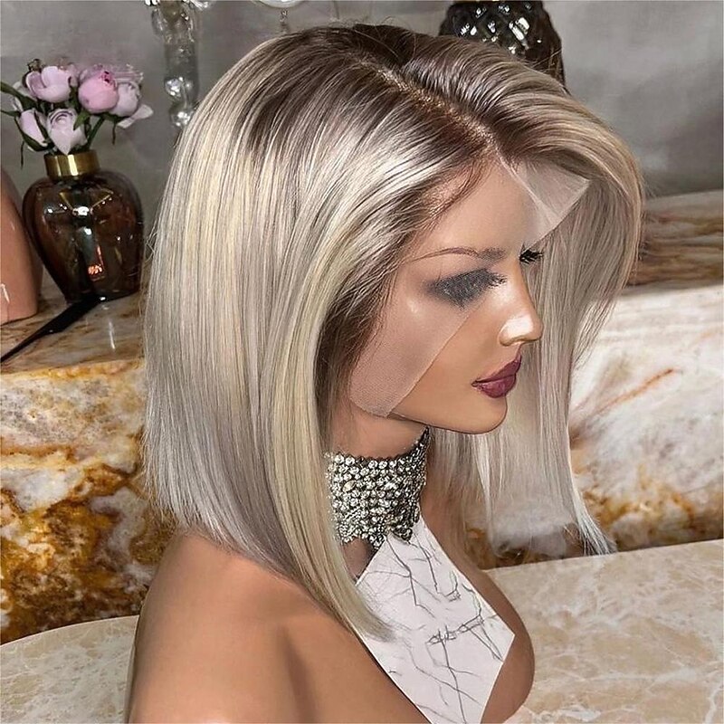 Remy Human Hair 13x4 Lace Front Wig Bob Short Bob Side Part Brazilian Hair Straight Dark Gray Blonde Multi-color Wig 130% 150% 180% Density with Baby Hair Natural Hairline Glueless With Bleached2