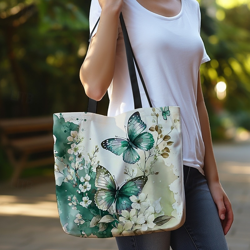 Women's Butterfly Print Canvas Tote Bag with Floral Design, Eco-Friendly Reusable Shopper for Daily Use4