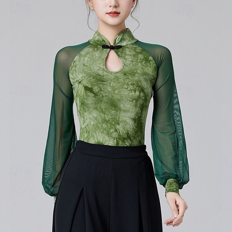 Latin Dance Top Printing Splicing Tulle Women's Performance Training Long Sleeve High Polyester4