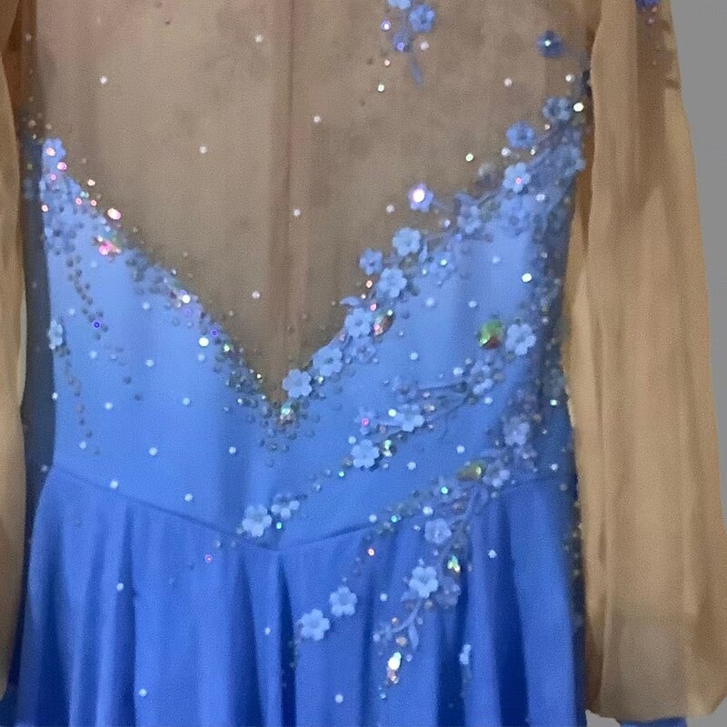 Figure Skating Dress Women's Girls' Ice Skating Dress Blue Patchwork Thumbhole Mesh Spandex Stretchy Training Practice Professional Skating Wear Thermal Warm Classic Crystal / Rhinestone Long Sleeve4