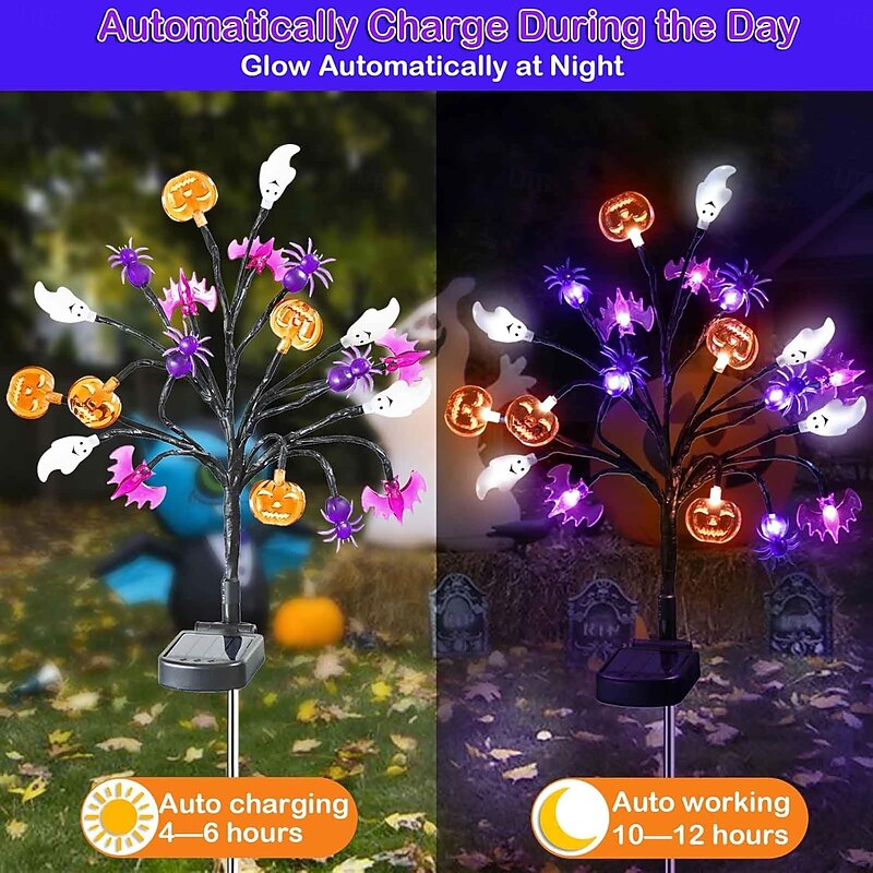 1/2PCS Solar 3D Pumpkin Bat Ghost Spider Halloween Pathway Lights Solar Halloween Decorations Outdoor Lawn Lights 20LEDs Waterproof Yard Patio Path Grave Halloween Decoration light4