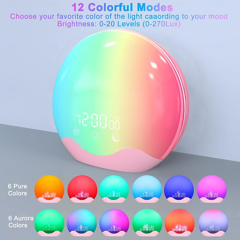 LED Smart Light Sunrise Alarm Clock Wake Up Light for Heavy Sleepers, with 12 Colour Led Night Light, 5 Sets of Nature Sounds and Fm Radio, A Smart Sleep Trainer2