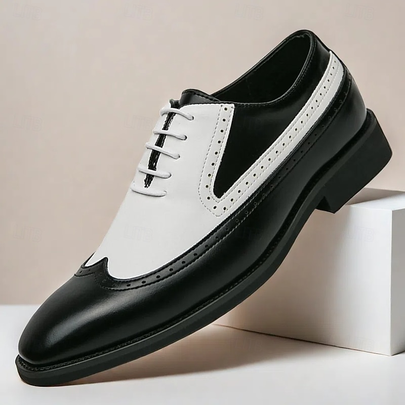Men's Black and White Wingtip Oxford Shoes with Brogue Detailing - Classic Two-Tone Faux Leather Dress Shoes for Formal and Vintage-Inspired Outfits