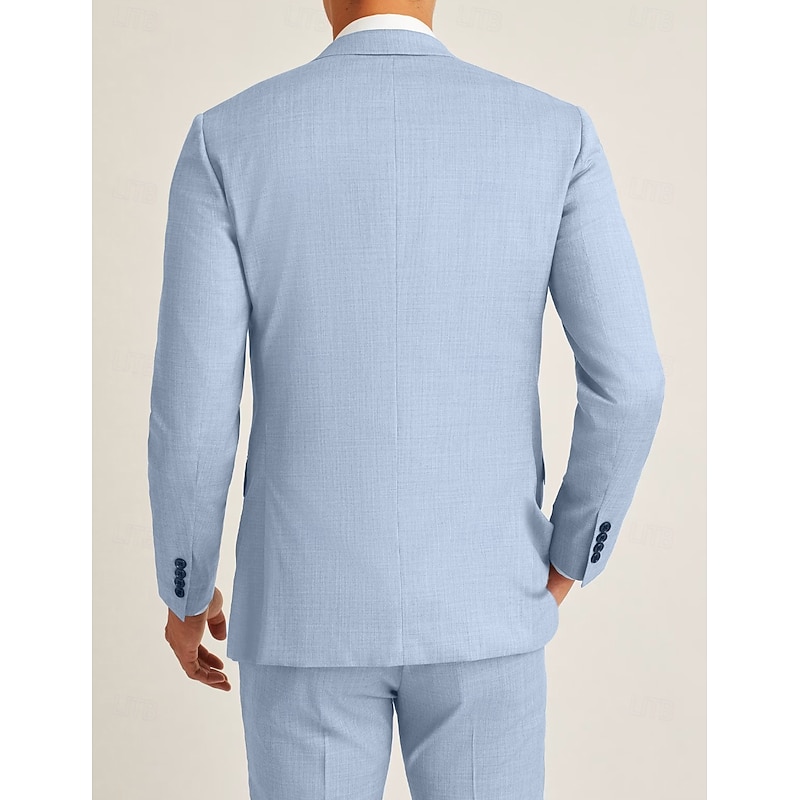 Men's Wedding Linen Suits Notch Lapel Sky Blue Khaki Solid Colored Tailored Fit 3 Piece Single Breasted Two-buttons2