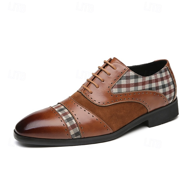 Men's Brown Leather and Suede Oxford Shoes with Plaid Pattern - Stylish and Comfortable for Formal and Casual Wear4