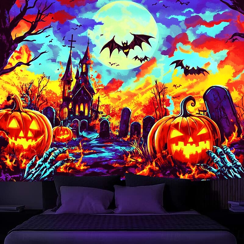 Halloween Decorations Blacklight Tapestry UV Reactive Glow in the Dark Glow Party Jack O Lantern Psychedelic Town Trippy Misty Hanging Tapestry Wall Art Mural for Living Room Bedroom3