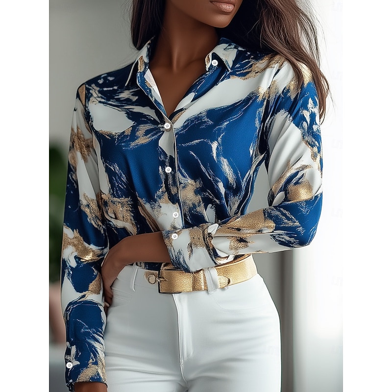 Women's Shirt Long Sleeve Button Down Blouse Elegant Stylish Business Print Regular Tops Shirt Collar Work Blue Summer Fall Winter