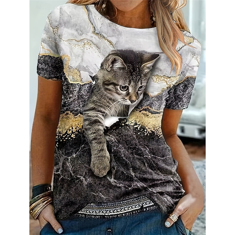 Women's T Shirt Casual Print Short Sleeve Regular Tops Daily Gray Summer
