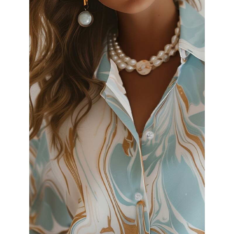 Women's Shirt Long Sleeve Button Down Blouse Marble Print Work Elegant Stylish Business Blue Summer Fall3