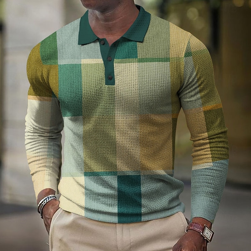 Men's Plaid Golf Shirt Long Sleeve Polo Shirts Collared Shirts Vintage Casual Vacation Wear Formal Wear Festival Wear Buttons 3D Print Spring Fall Winter Blue Orange Green3