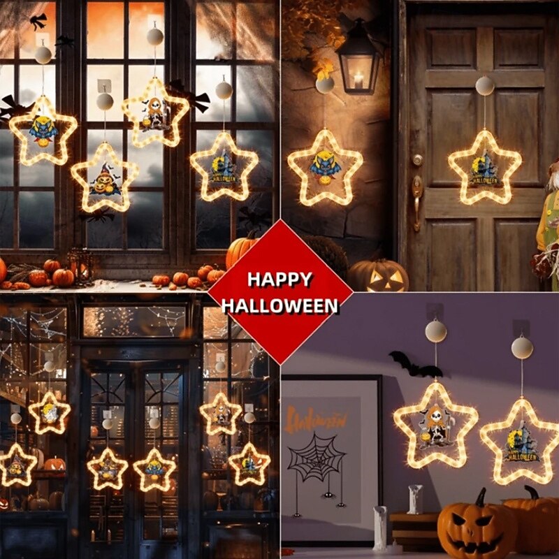 Halloween Suction Cup Star Lights, Atmosphere Decorative LED Pumpkin Castle Cat Bat Ghost Hanging Lights, Indoor String Lights Decorations2
