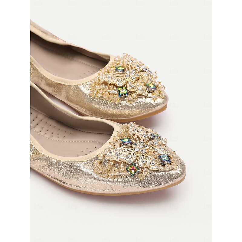Women's Foldable Gold Glitter Flats with Crystal Embellishments – Comfortable Slip-On Shoes for Casual and Special Occasions4