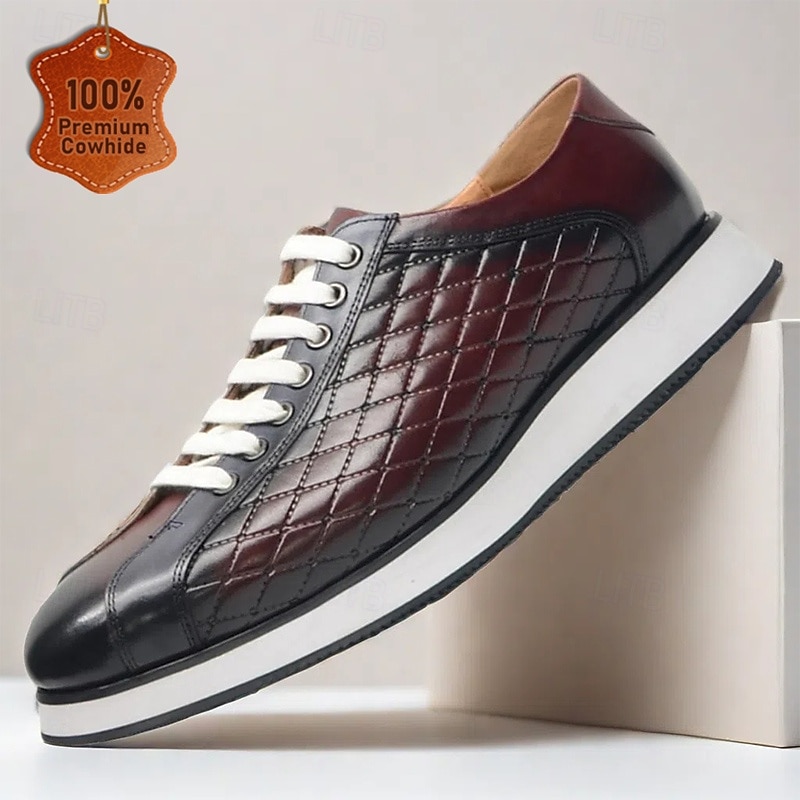 Men's Quilted Cowhide Leather Lace-Up Sneakers with Red and Black Gradient Design - Stylish Casual Shoes for Everyday Wear