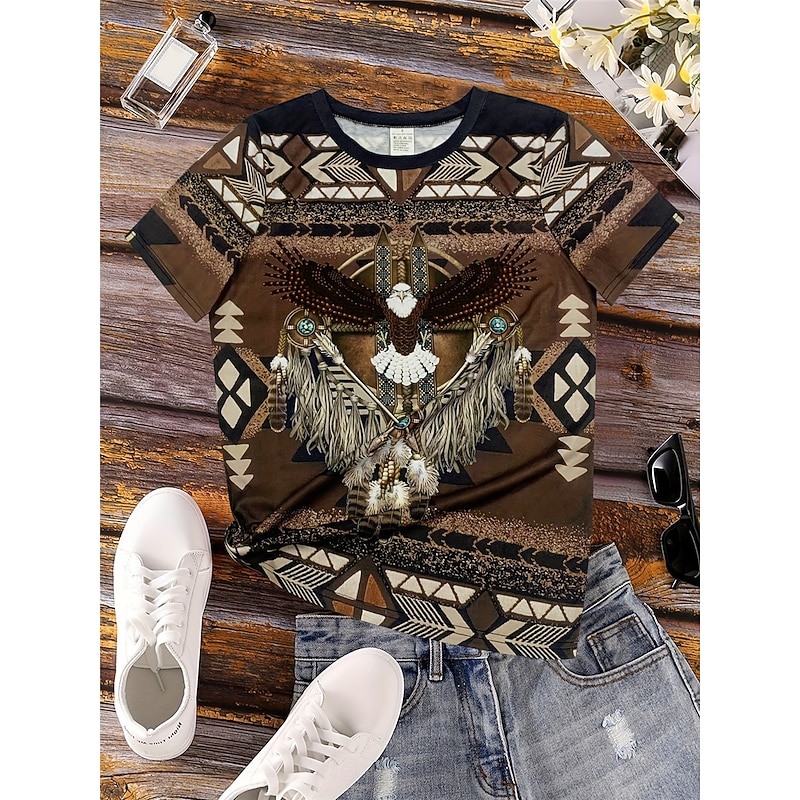 Women's T Shirt Vintage Ethnic Casual Print Short Sleeve Regular Tops Vacation Brown Summer2