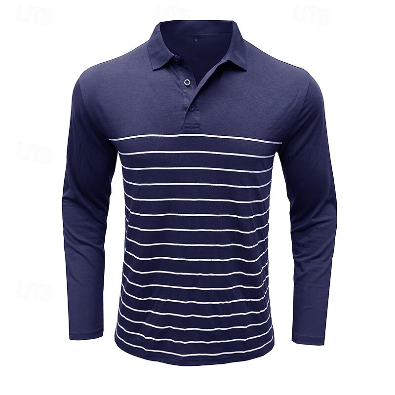 Men's Golf Shirt Golf Polo Work Casual Lapel Long Sleeve Basic Modern Stripes Button Spring &  Fall Regular Fit Wine Black Army Green Royal Blue Khaki Gray Golf Shirt2