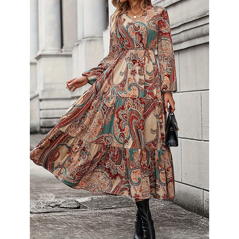 Women's Maxi Dress Casual Dress Boho Dress Casual Daily Loose Fit Graphic Long Sleeve V Neck Brown Spring Fall