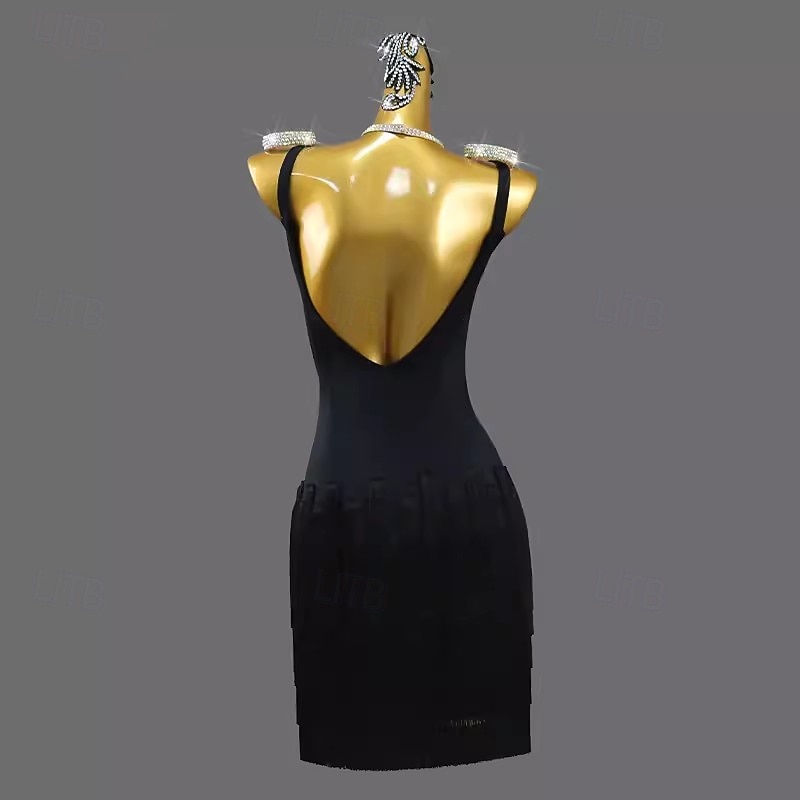 Latin Salsa Dance Dress Tassel Pure Color Splicing Women's Performance Training Sleeveless Chinlon2