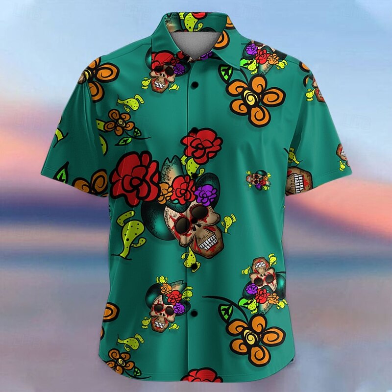 Men's Floral Skull Tropical Flowers Summer Hawaiian Shirt Button Up Shirt Aloha Shirt Short Sleeve Shirt Collared Shirts Hawaiian Casual Vacation Party Evening Wear Daily Purple Fuchsia Orange S M L 5