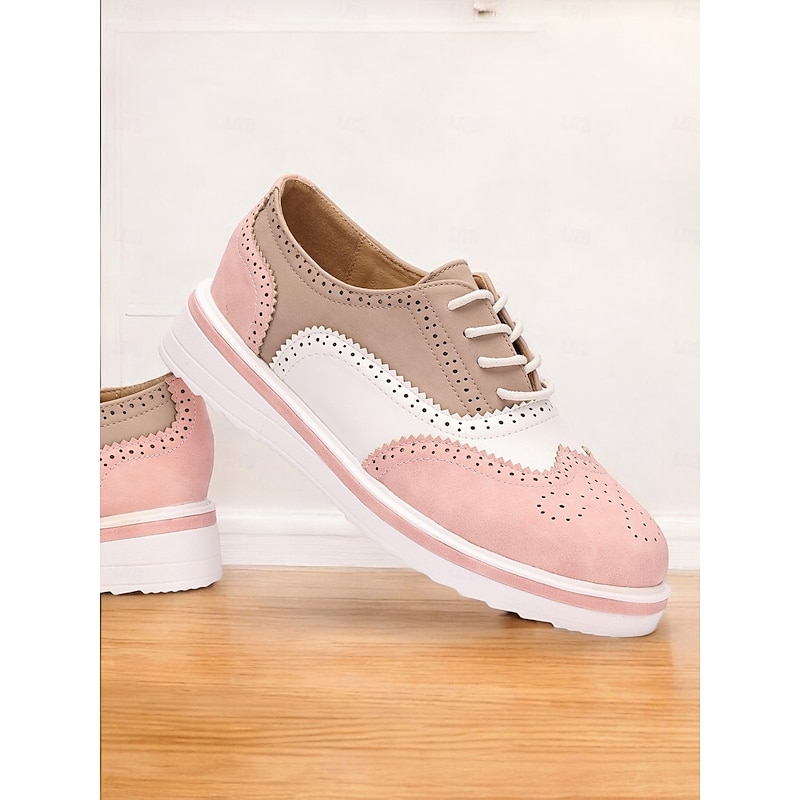 Women's Pink and Beige Brogue Oxford Sneakers, Lace-Up Casual Shoes with Wingtip Detailing for Everyday Wear