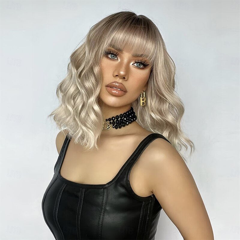Cosplay Costume Wig Curly Bouncy Curl Bob Neat Bang With Bangs Wig 14 inch Light golden Synthetic Hair Women's Elastic Adorable Comfortable Blonde2