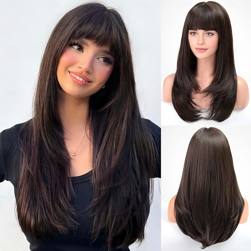 Wig With Bangs For Women Long Straight Layered Wigs Synthetic Layered Hairstyle For Girls Party Cosplay And Daily Use(4