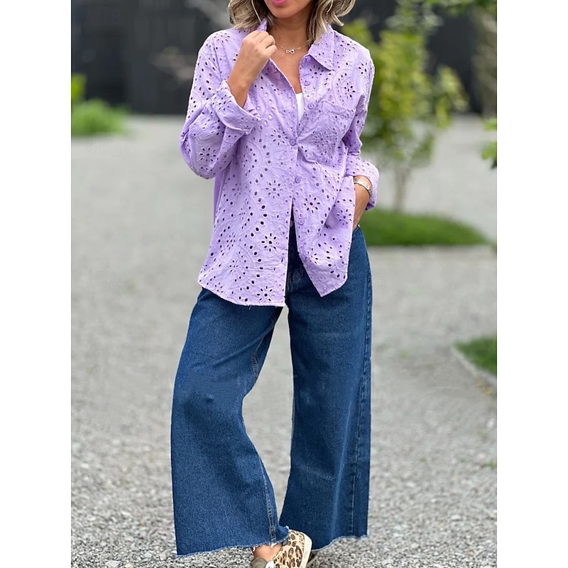 Women's Blouse Stylish Solid Color Hollow Out Long Sleeve Regular Tops Shirt Collar Daily White Red Purple Green Spring Fall4