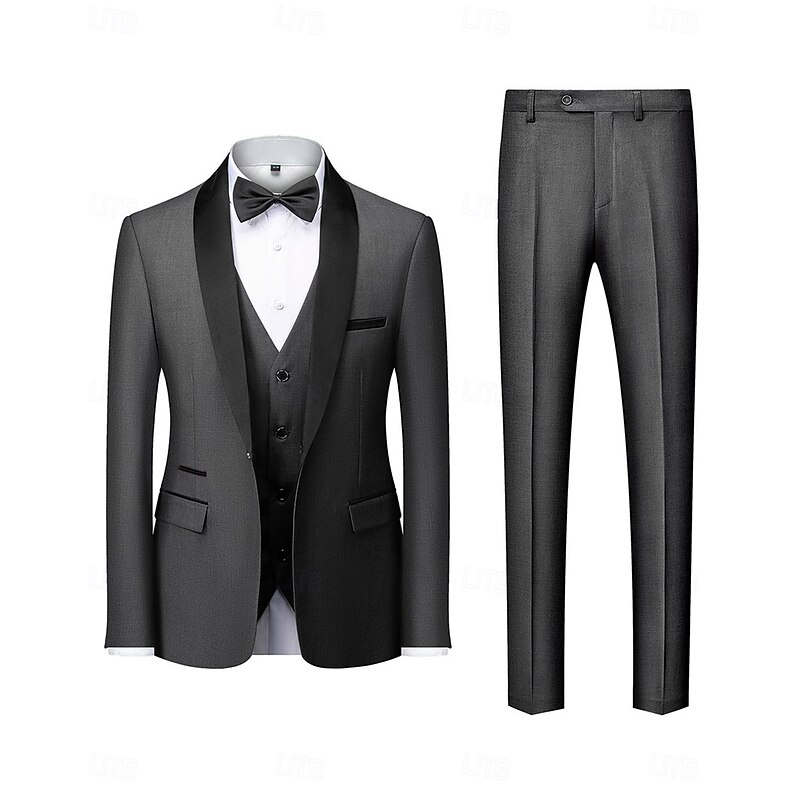 Men's Party Prom Tuxedos Dark Grey Black Textured Tailored Fit 3 Piece Single Breasted One-button4