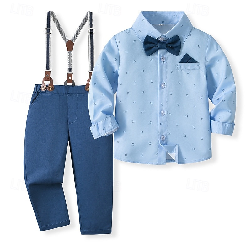 2 Pieces Ring Bearer Suit Boys Kids Shirt & Pants Formal Party Cool Gentle Solid Color Blue Cotton