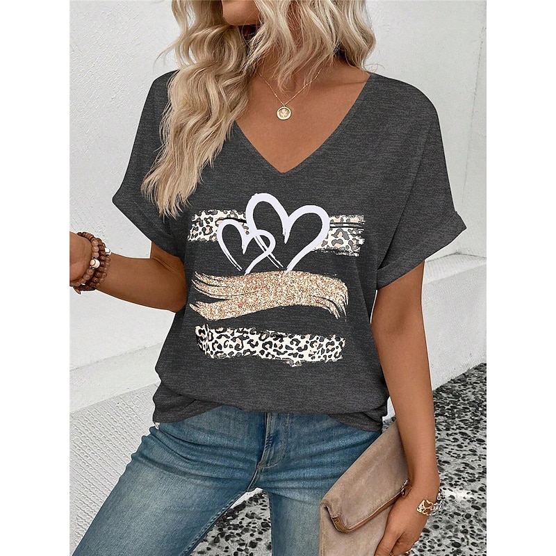Women's T Shirt Stylish Casual Print Short Sleeve Regular Tops V Neck Daily Dark Gray Summer4