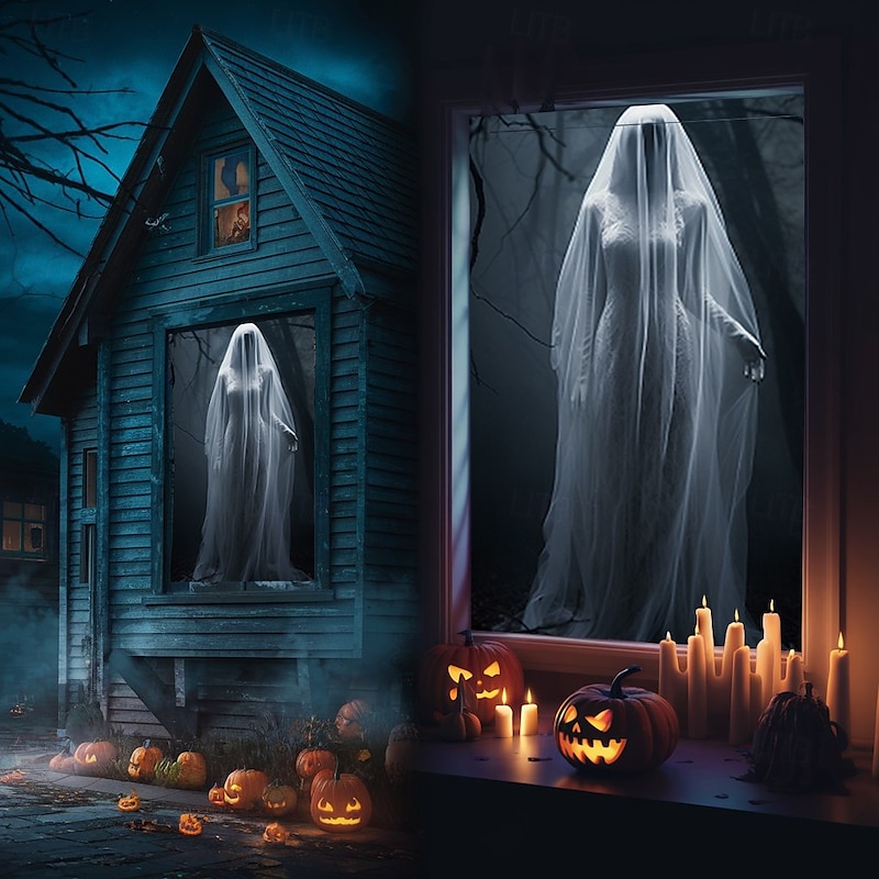 Halloween Window Cover Decorations, Fabric Ghost Bride Creepy Halloween Curtain Horror Movie Poster Window Door Covering Decor for Haunted House, Scary Halloween Window Clings Decals Indoor Outdoor