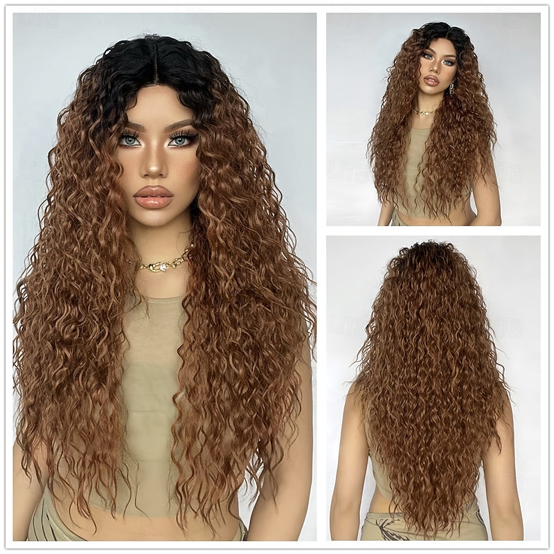 Synthetic Lace Wig Curly Style 26 inch Brown with Golden Highlights Middle Part 13x5x1 Lace Front Wig Women's Wig Black Brown