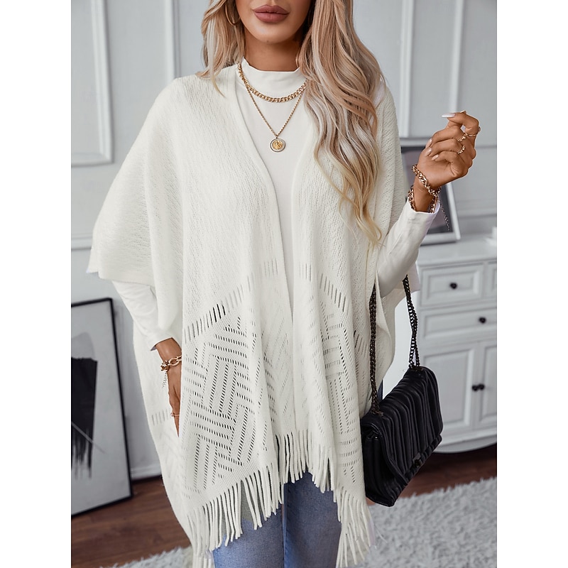 Women's Shrug Stylish Casual Solid Color Ribbed Open Front Tassel Knitted Sleeveless Regular Tops Knit Outdoor Daily White Khaki Fall Winter3