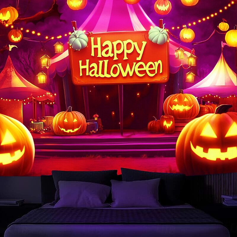 Halloween Decorations Blacklight Tapestry UV Reactive Glow in the Dark Glow Party Skulls Psychedelic Trippy Misty Hanging Tapestry Wall Art Mural for Living Room Bedroom Pumpkins