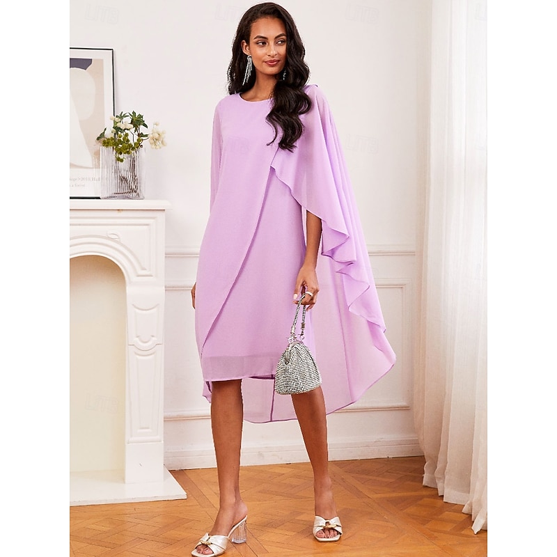 Women's Wedding Guest Cocktail Dress Chiffon Plain Ruffle Flowy Elegant Vintage Summer Midi Dress Crew Neck Flutter Sleeve