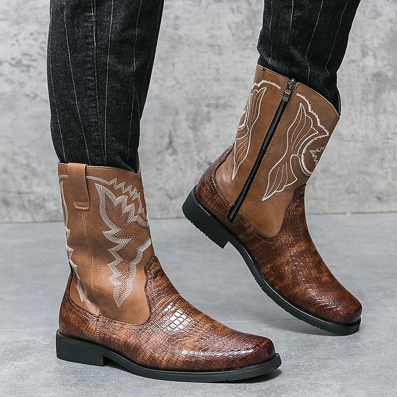 Men's Brown Western Cowboy Boots with Crocodile Texture and Embroidered Faux Leather Upper, Perfect for Ranch and Outdoor Wear3