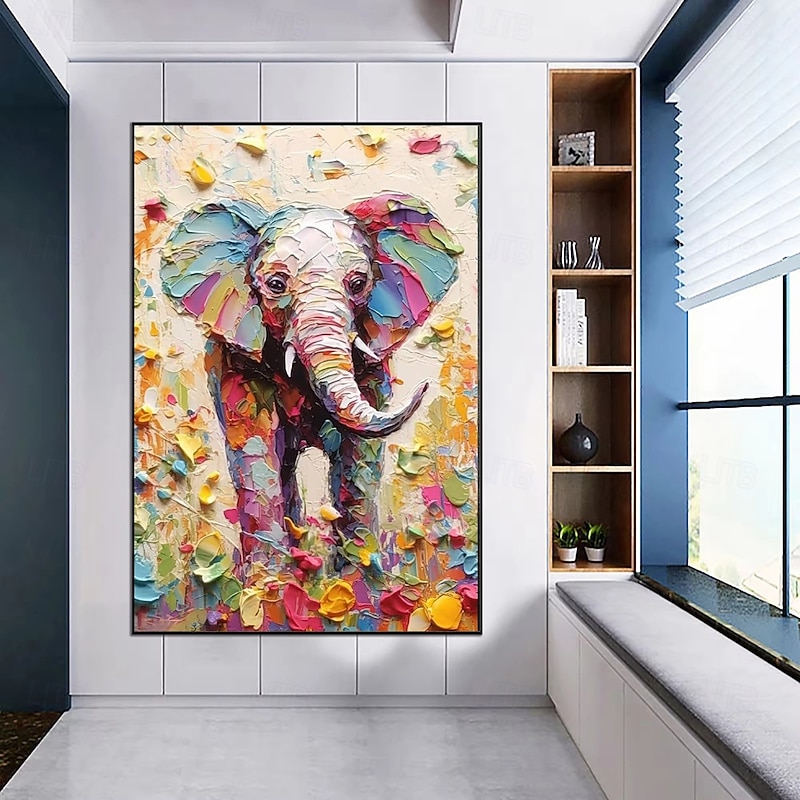 Handmade Oil Paintings Canvas Wall Art Decoration Modern Animal Abstract Coloured Elephant for Home Decor Rolled Frameless Unstretched Painting3