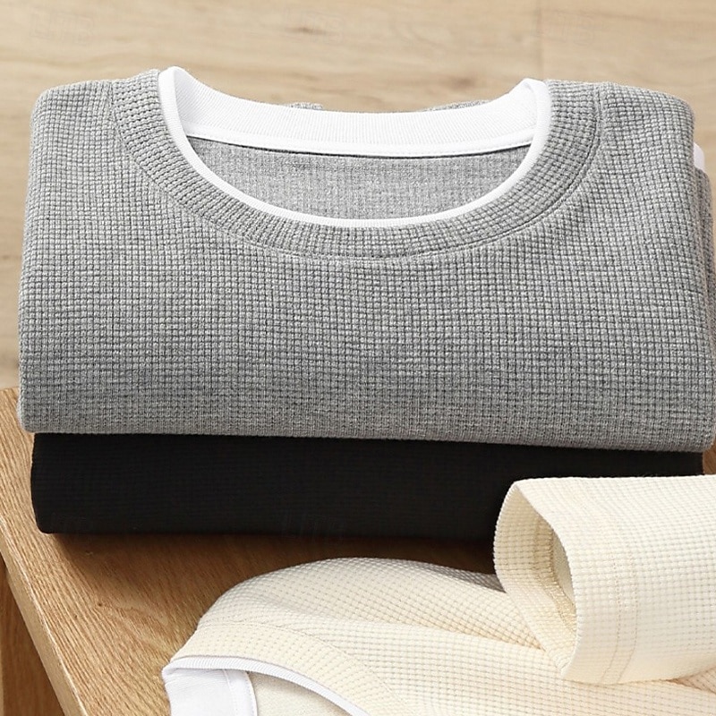 Men's T Shirt Tee Waffle Knit Tee Tee Top Long Sleeve Crew Neck Spring &  Fall Plain Fashion Designer Basic Vacation Street Going out Black Blue Light Grey Top Tee for Men4