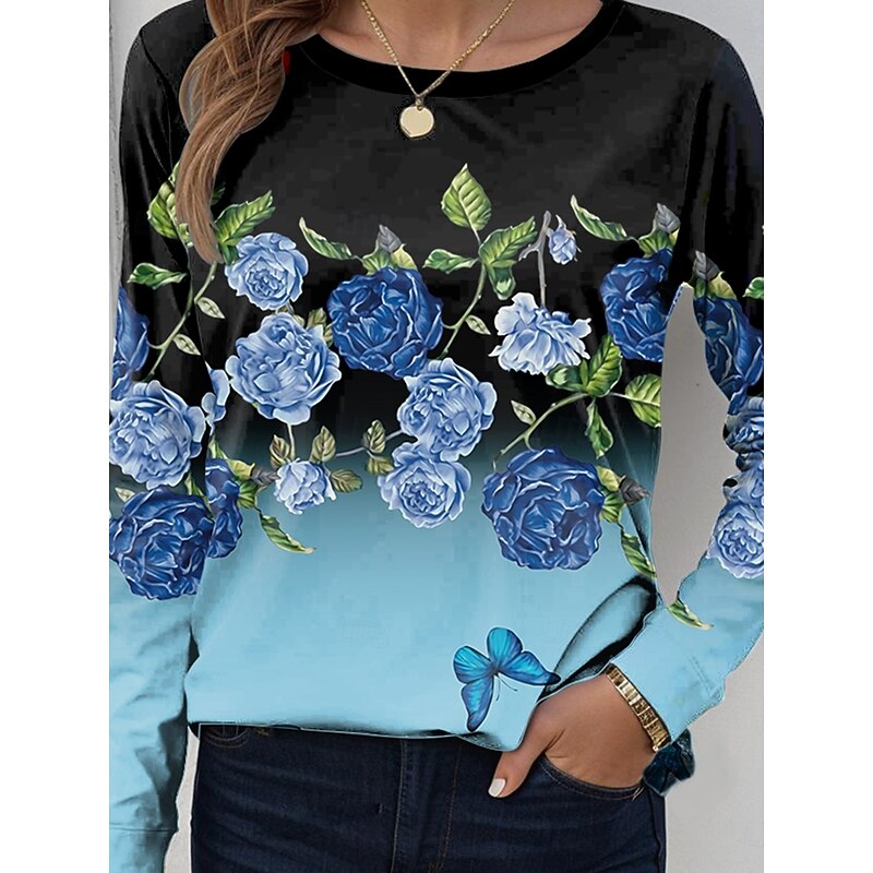 Halloween Women's T shirt Crew Neck Long Sleeve Tunic Ombre Casual Round Neck Regular Tops Daily Print Yellow Pink Blue Dusty Blue Green Spring Fall3