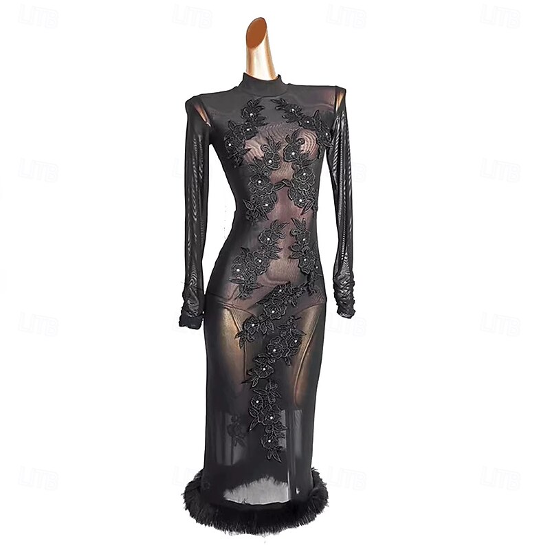 Latin Salsa Dance Dress Tassel Pure Color Splicing Women's Performance Training Long Sleeve Mesh Spandex3